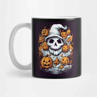 dead witch skull with halloween pumpkins Mug